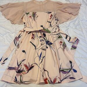 BY EGREIS Pink Blush Floral Pleated Mini Dress Sheer Flutter Sleeves Size Small